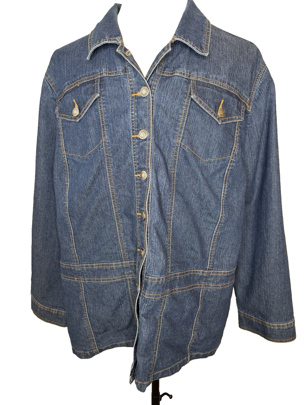 Liz & Me Signature Long Denim Jacket Size 2X Button Front Blue Medium Wash